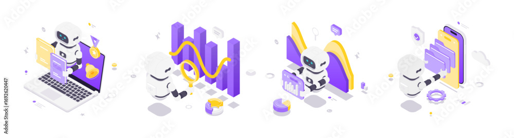 Poster isometric vector illustration of robots using artificial intelligence for data analysis, education, 