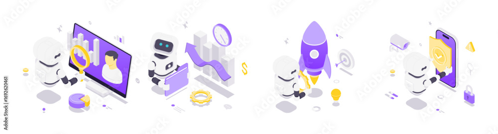 Poster isometric vector illustration of robots using artificial intelligence for business automation, analy