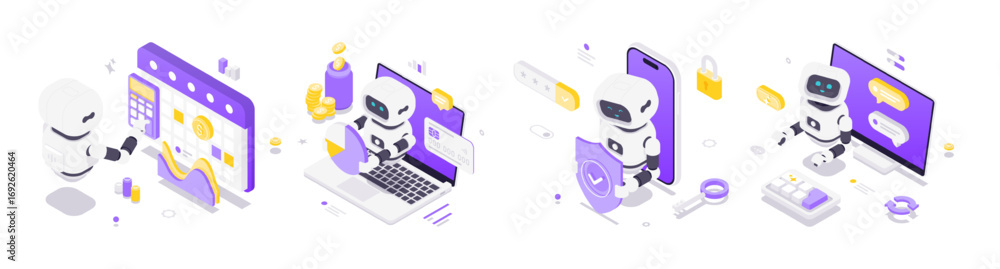 Poster isometric vector illustration of modern robots using artificial intelligence for finance management,