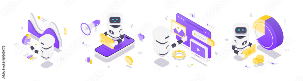 Poster isometric vector illustration showing futuristic robots powered by artificial intelligence managing 