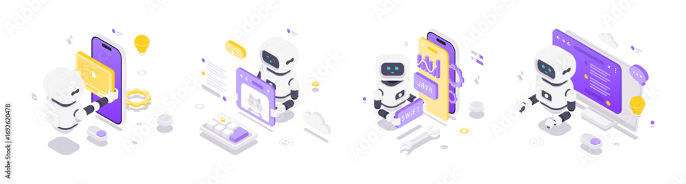 Poster isometric vector illustration of robots using artificial intelligence for video editing, image gener
