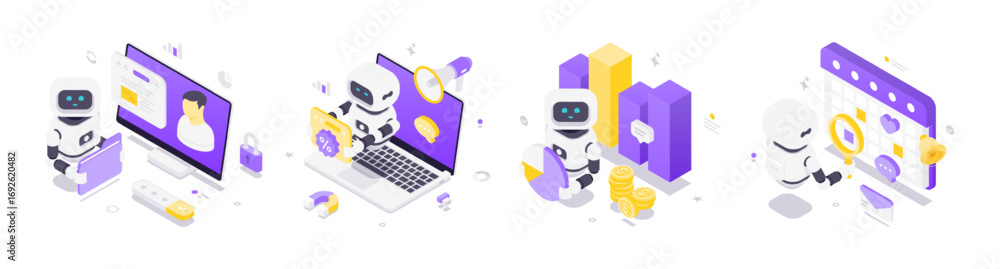 Poster isometric vector illustration depicting robots with artificial intelligence managing profiles, promo