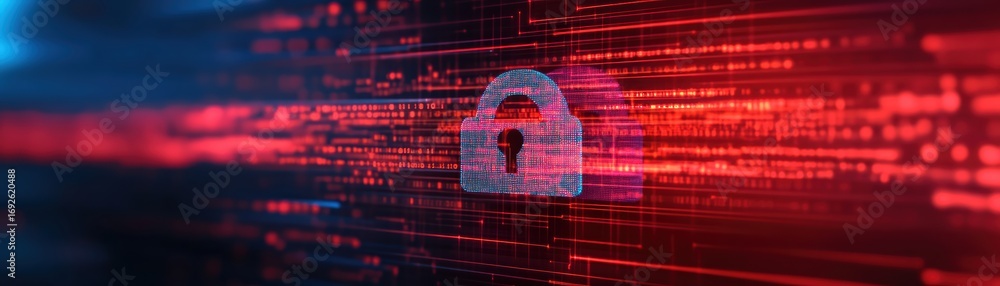 Poster a digital lock symbol amidst a matrix of glowing data streams, representing cybersecurity and data p