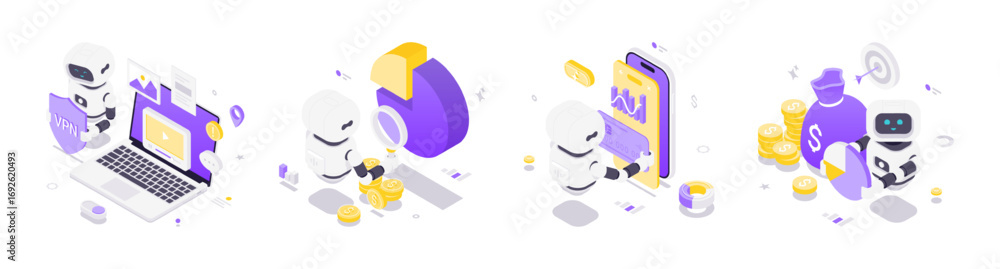 Poster isometric vector illustration showing artificial intelligence robots interacting with finance, secur