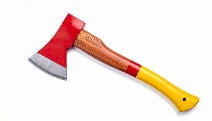 Render a stylized axe with red head and handle, yellow grip, and sharp silver blade edge, isolated on white background, emphasizing bold color contrast, modern design, and tool-like silhouette.