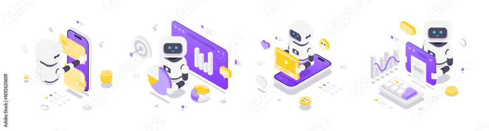 Poster isometric vector illustration featuring artificial intelligence robots interacting with financial te