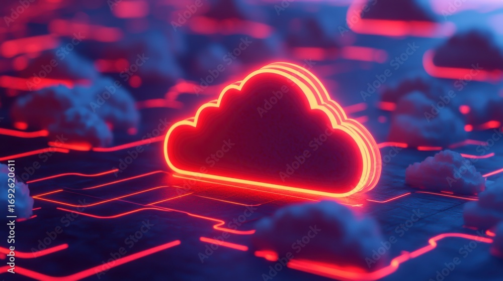 Poster a glowing cloud icon surrounded by digital patterns and stylized clouds, representing cloud computin