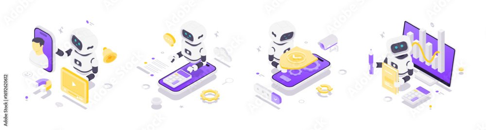 Poster isometric vector illustration showing artificial intelligence robots working in personalized adverti