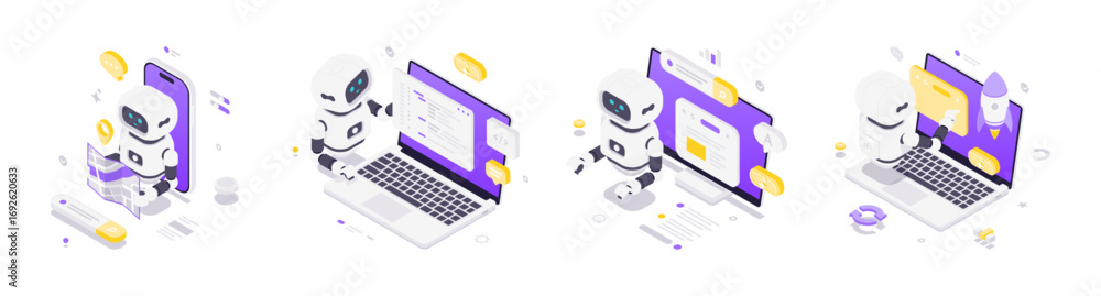 Poster isometric illustration featuring artificial intelligence robots engaged in navigation, coding, learn