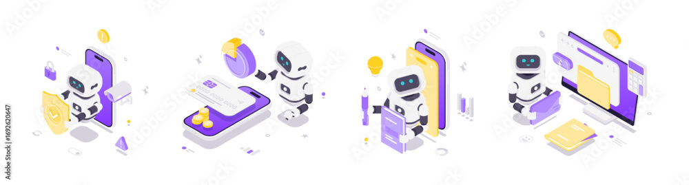 Poster isometric vector illustration showing futuristic robots performing data protection, financial analys