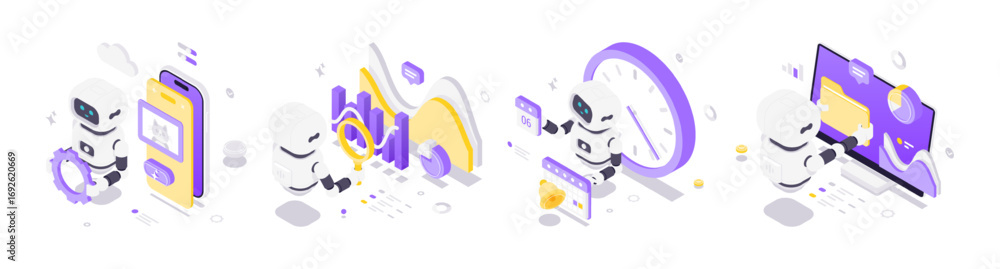 Poster isometric illustration featuring futuristic robots interacting with technology elements for image ge