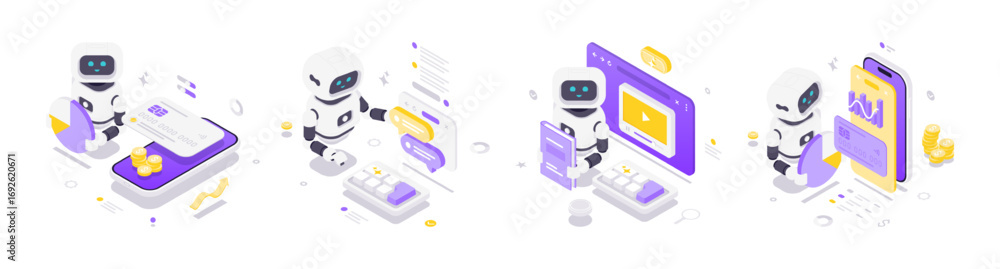 Poster isometric vector illustration showing artificial intelligence robots managing digital wallet transac