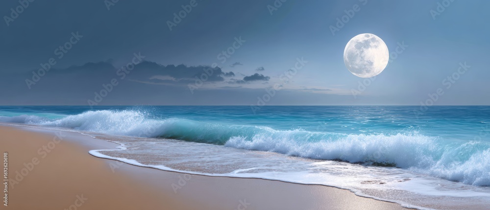 Poster a serene beach scene featuring gentle ocean waves under a bright full moon, creating a calming atmos