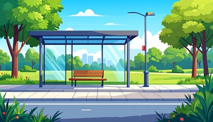 Park bus stop in sunny day