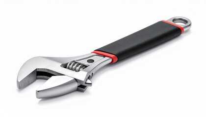 Obraz premium Render a metallic adjustable wrench with long handle, hanging hole, and movable jaw mechanism, isolated on white background, emphasizing mechanical utility, durability, and tool design.