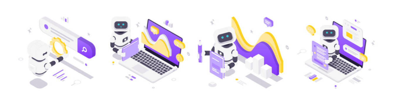 Isometric vector illustration showing futuristic robots performing SEO optimization, analyzing data, learning skills, and interacting with chatbots in a modern digital technology concept.