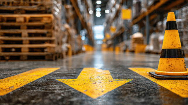 Warehouse aisle safety cone yellow arrow wet floor pallet rack industrial logistics caution reflection perspective pathway guides calm focus