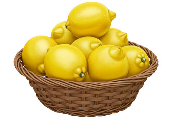 バスケットに入った黄色いレモンのクローズアップ写真 透明な背景に茶色のバスケット