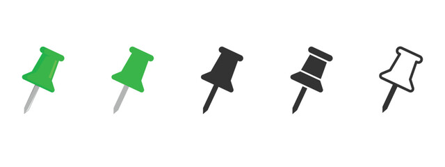 Set of vector push pin illustrations in green, black, and outline styles. Thumbtack icons ideal for office stationery, corkboards, reminders, notes, maps, and digital design projects