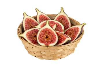 籠に入ったイチジクのスライス 断面図 鮮やかな赤色と茶色の背景 果物と食べ物のマクロ写真 透明な背景