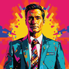 Vibrant pop art portrait of a businessman in a suit with abstract colorful background, symbolizing success, leadership, and modern retro style.