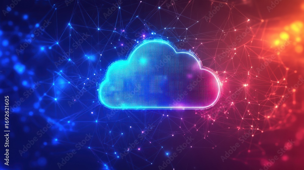 Poster a futuristic digital cloud with vibrant blue and red lights, symbolizing modern technology and data 