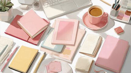Soft pastel workspace desk notebook journal planner coffee laptop pen sticky note calm mood for creative planning and daily task organization