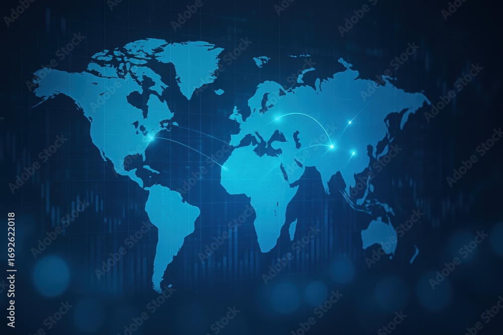 Poster global market tension. abstract blue world map with digital connections and data visualization eleme