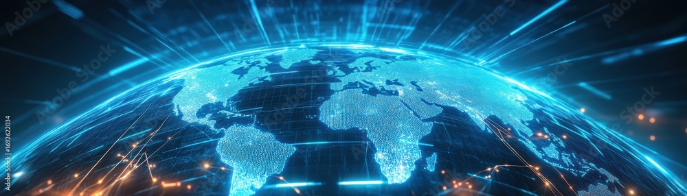 Poster a digital representation of earth, showcasing a glowing network of data streams and connections acro