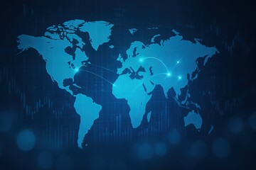 Global market tension. Abstract blue world map with digital connections and data visualization elements.