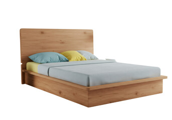 木製ベッドにパステルカラーの枕と寝具が配置されたデザインインテリア 無地背景