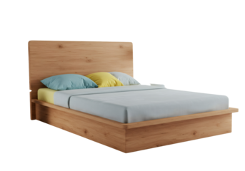 木製ベッドにパステルカラーの枕と寝具が配置されたデザインインテリア 無地背景