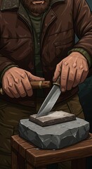 Obraz premium A man meticulously sharpens his knife on a stone sharpening surface, showcasing a focused and skilled craftsmanship.
