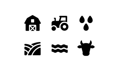 Minimalistic farm icons: barn, tractor, crop field, water, cow head, waves