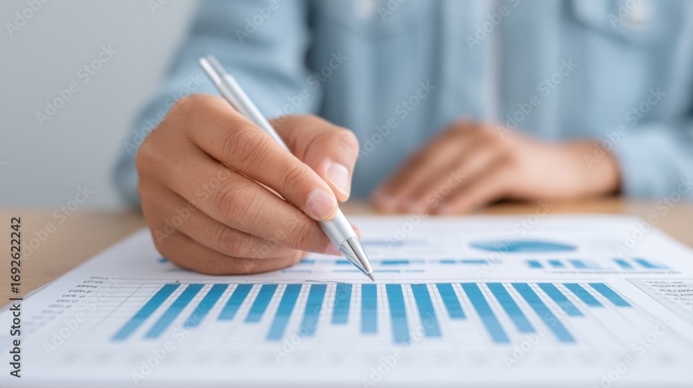 Poster focused hands of an individual analyzing financial data with a pen on a detailed chart with various 