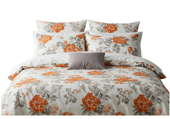 オレンジと白の花柄寝具セット透明背景に分離された模様の柔らかいテキスタイル