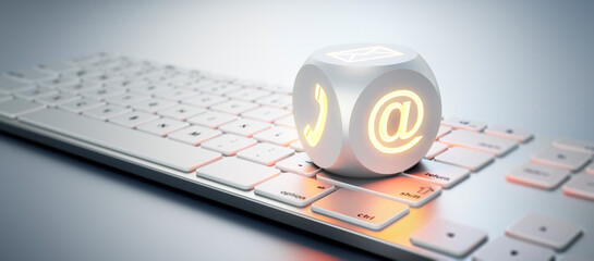 Illuminated dice with communication symbols on white keyboard - 3D illustration