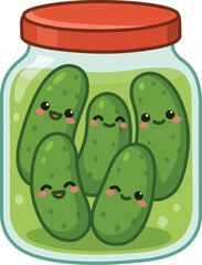 Kawaii Illustration of Pickles with Cute Faces Inside a Jar