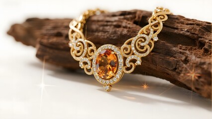 Elegant Gold Necklace with Large Gemstone and Diamond Accents Resting on Wooden Surface