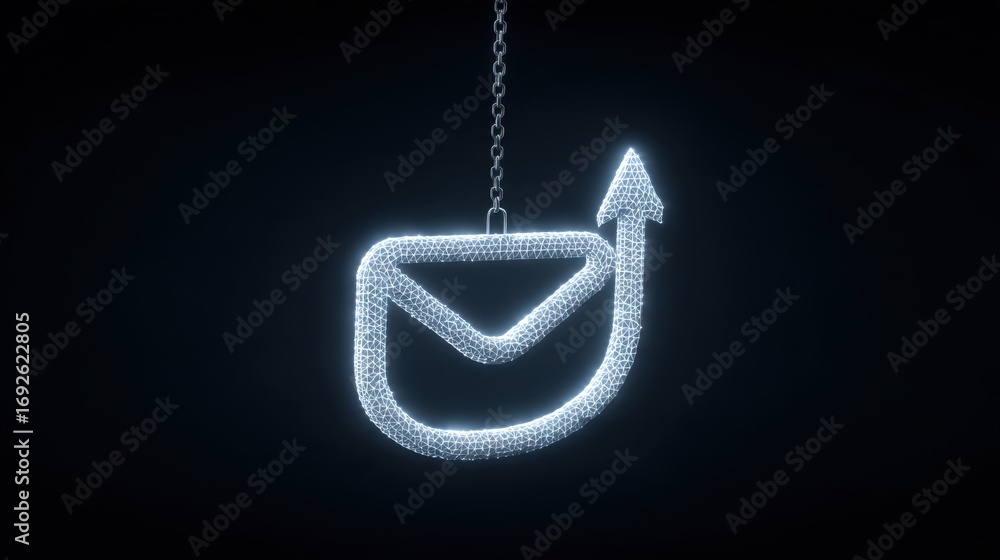 Aufkleber shiny email icon with upward arrow hanging from a chain displayed on a dark background for digital c