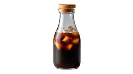 Chilled Cold Brew Delight: A refreshing bottle of cold brew coffee, meticulously crafted with ice cubes, embodies a modern and invigorating take on the classic drink.