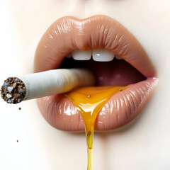 Glossy lips with cigarette and golden syrup dripping from mouth close-up