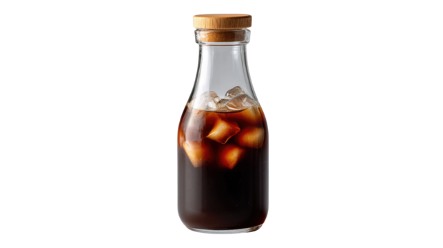 Chilled Cold Brew Delight: A refreshing bottle of cold brew coffee, meticulously crafted with ice cubes, embodies a modern and invigorating take on the classic drink.