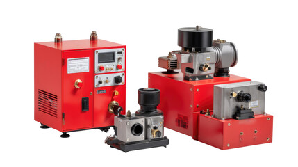 Fototapeta premium Industrial Equipment Powerhouse: A showcase of robust red industrial equipment, meticulously arranged to highlight the advanced technological features, evoking a sense of precision, power.