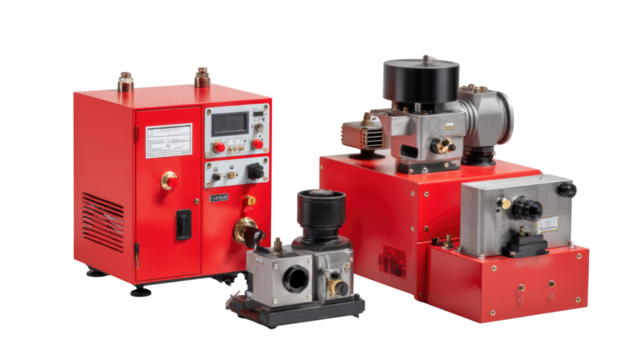 Industrial Equipment Powerhouse: A showcase of robust red industrial equipment, meticulously arranged to highlight the advanced technological features, evoking a sense of precision, power.