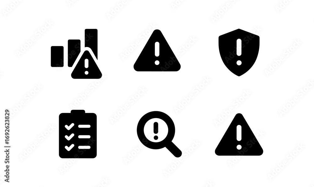 Poster monochrome alert icons set with exclamation marks for business and security