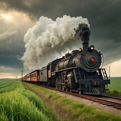 Obraz premium A massive black steam locomotive puffing thick white smoke as it runs through green countryside fields, rusty metal details, old wooden passenger cars, vintage style, dramatic sky in the background, c