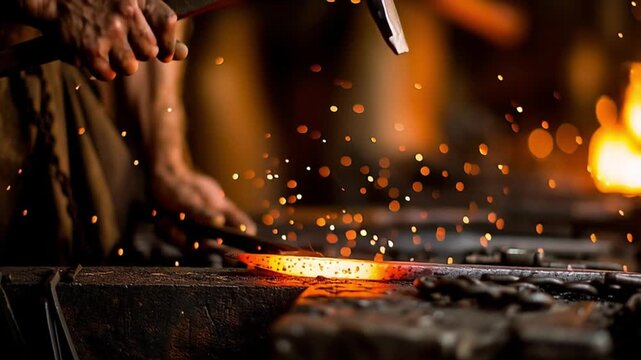 Blacksmith shaping heated iron with a hammer, sparks flying energetically under warm forge light.