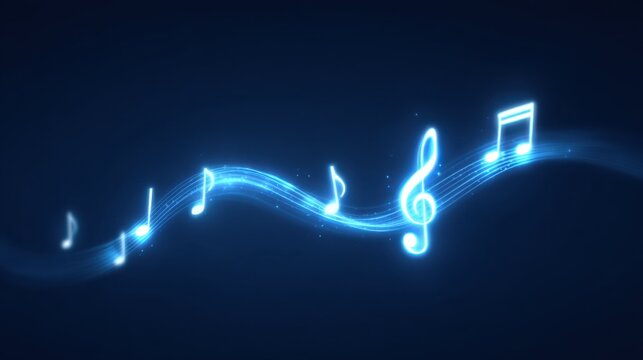 Blue glowing musical notes and staff creating a flowing sound wave on a dark background, symbolizing creativity and passion for music and art
