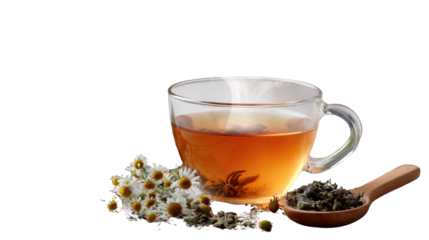 Herbal Tea Ceremony: A close-up captures a transparent teacup filled with golden herbal tea, alongside a wooden spoon brimming with dried tea leaves and delicate chamomile flowers.
